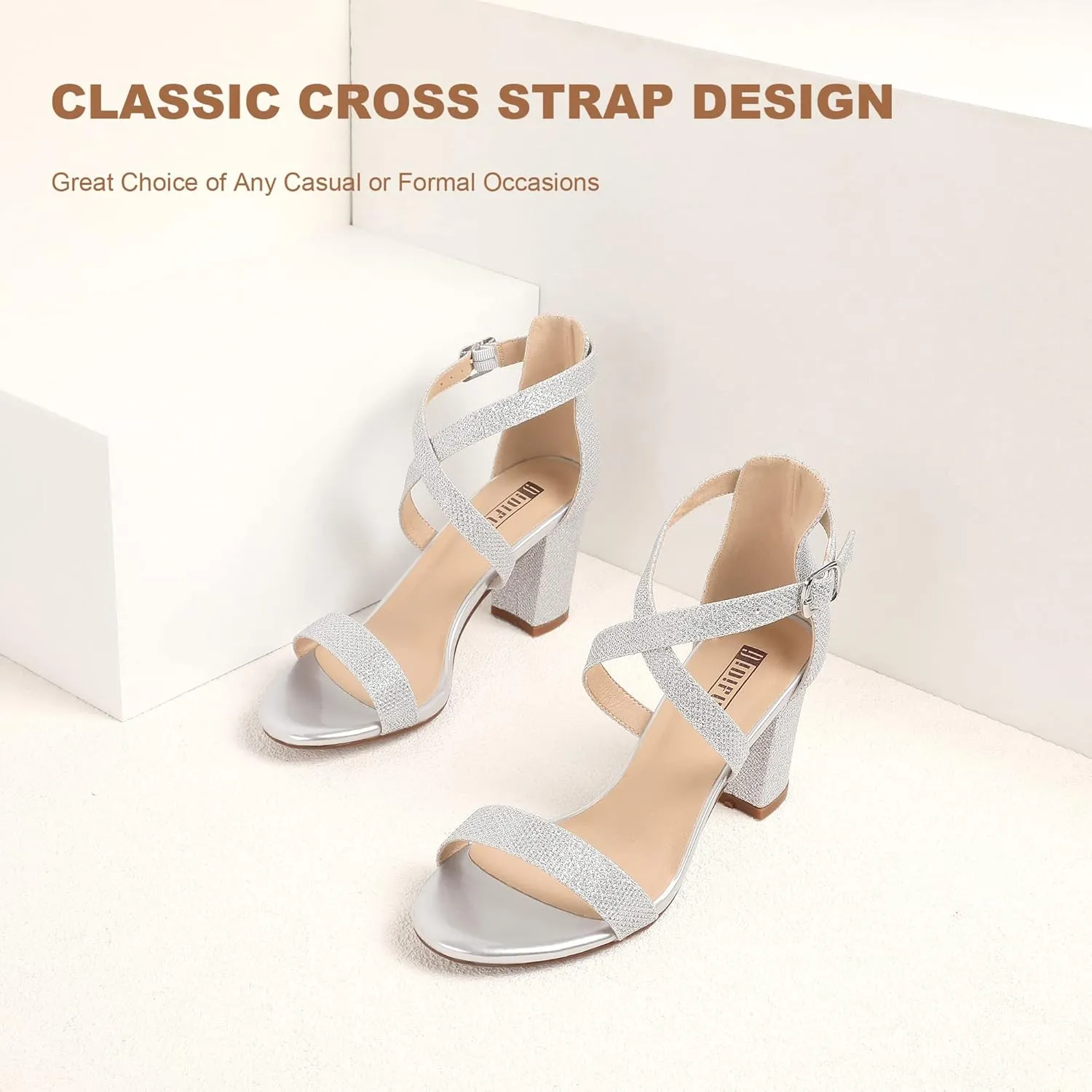 IDIFU Women's IN3 Grace Strappy Block Heels Sandals Comfy Open Toe Chunky Dress Wedding Shoes with Adjustable Cross Strap