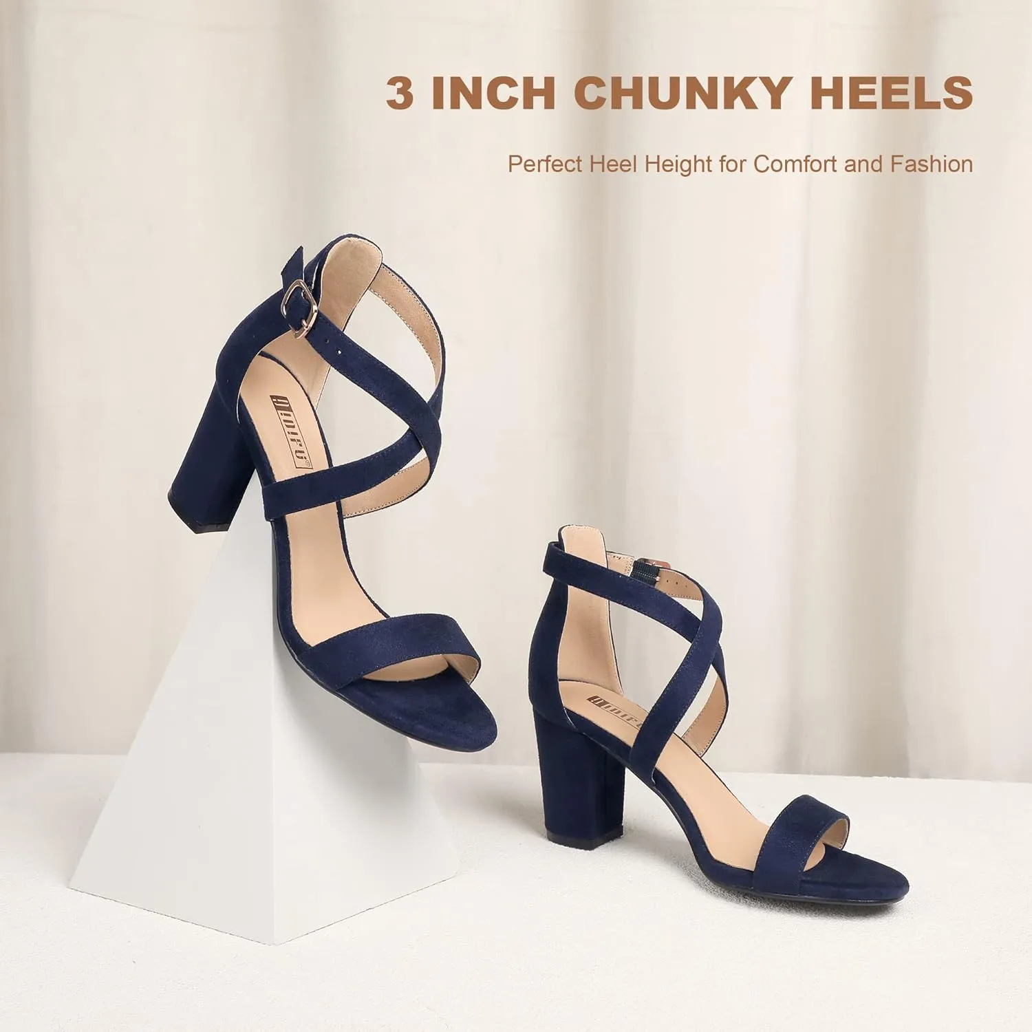 IDIFU Women's IN3 Grace Strappy Block Heels Sandals Comfy Open Toe Chunky Dress Wedding Shoes with Adjustable Cross Strap