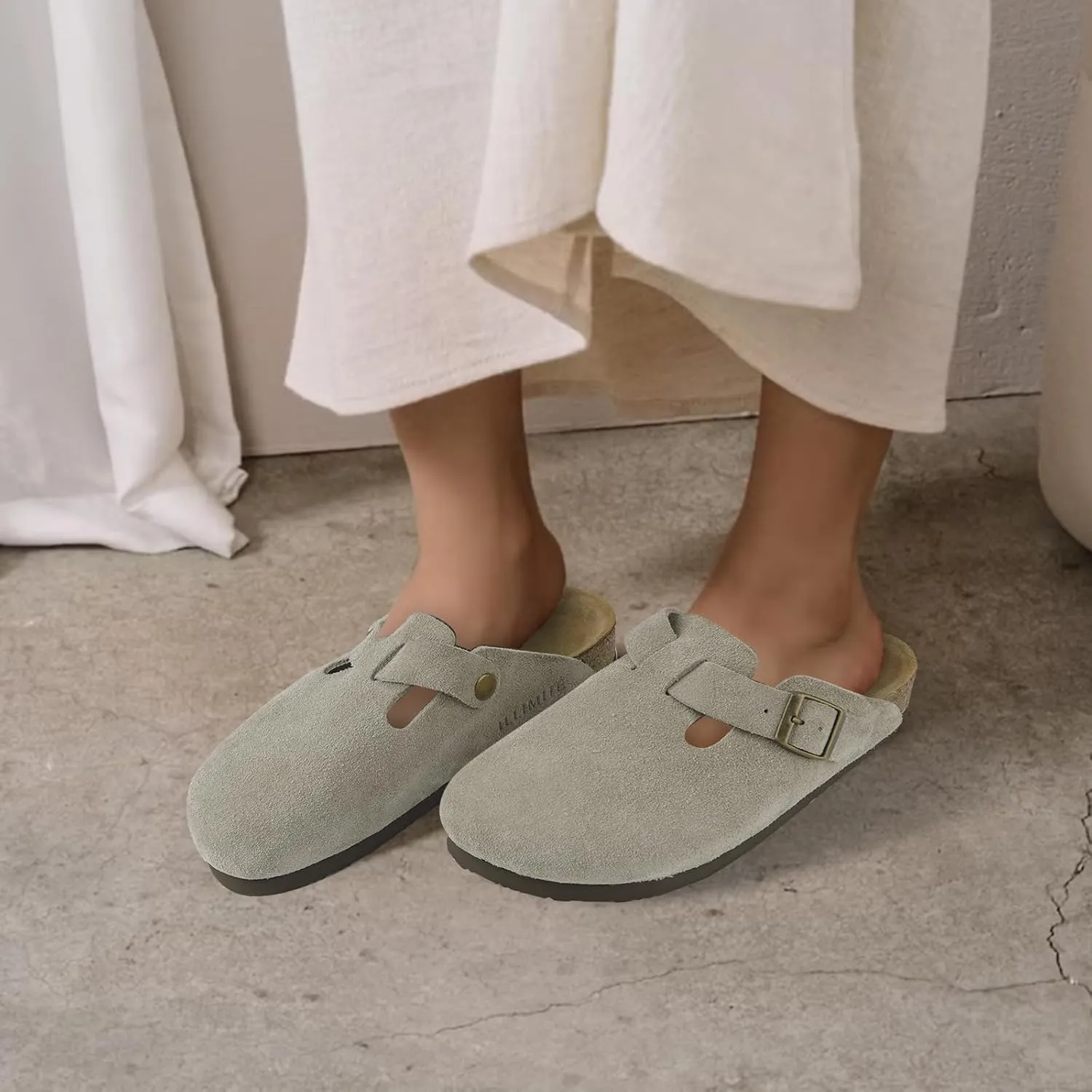 ILLIMITE Suede Clogs for Women Men Cork Footbed Sandals Leather Mules Potato Shoes with Arch Support and Adjustable Buckle