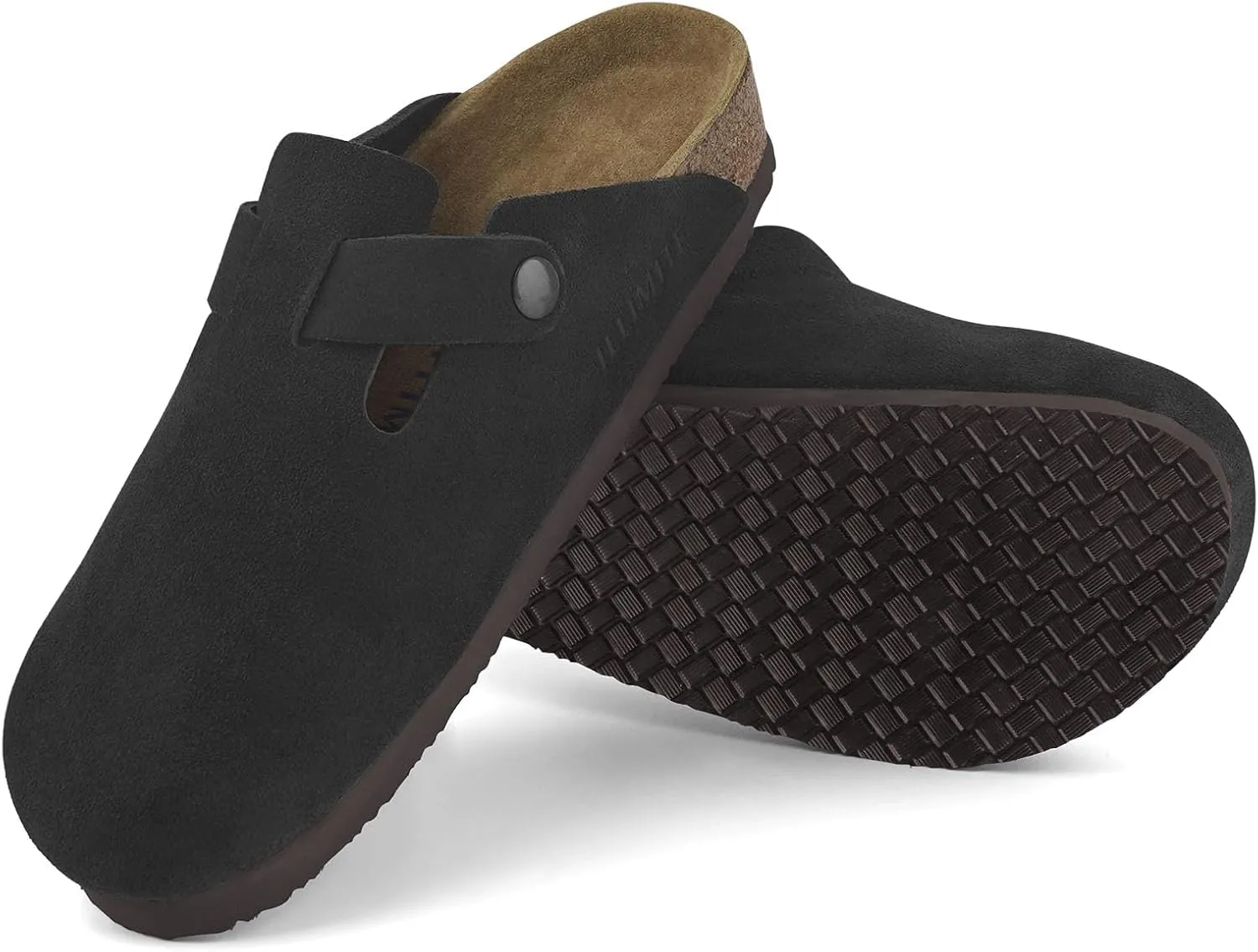 ILLIMITE Suede Clogs for Women Men Cork Footbed Sandals Leather Mules Potato Shoes with Arch Support and Adjustable Buckle