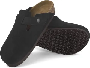 ILLIMITE Suede Clogs for Women Men Cork Footbed Sandals Leather Mules Potato Shoes with Arch Support and Adjustable Buckle