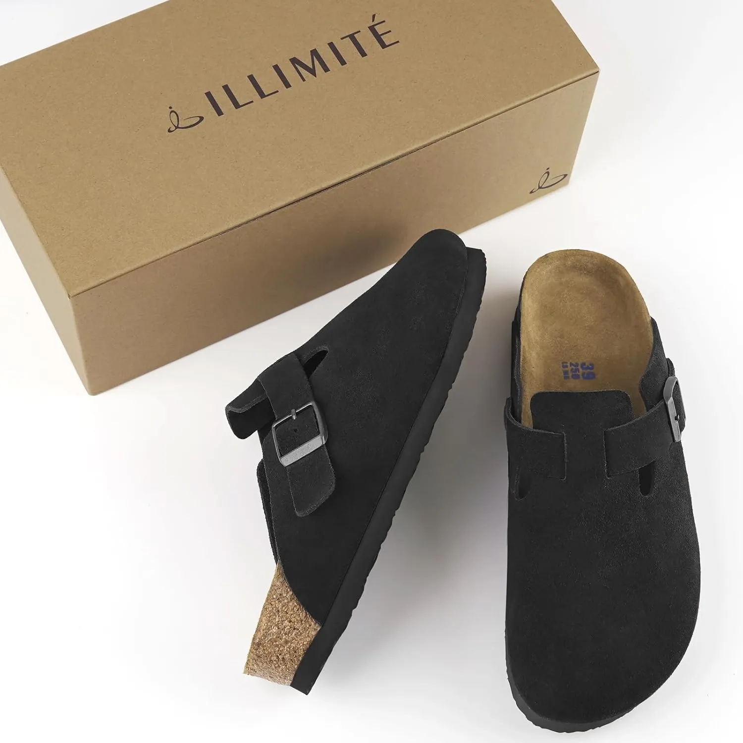 ILLIMITE Suede Clogs for Women Men Cork Footbed Sandals Leather Mules Potato Shoes with Arch Support and Adjustable Buckle
