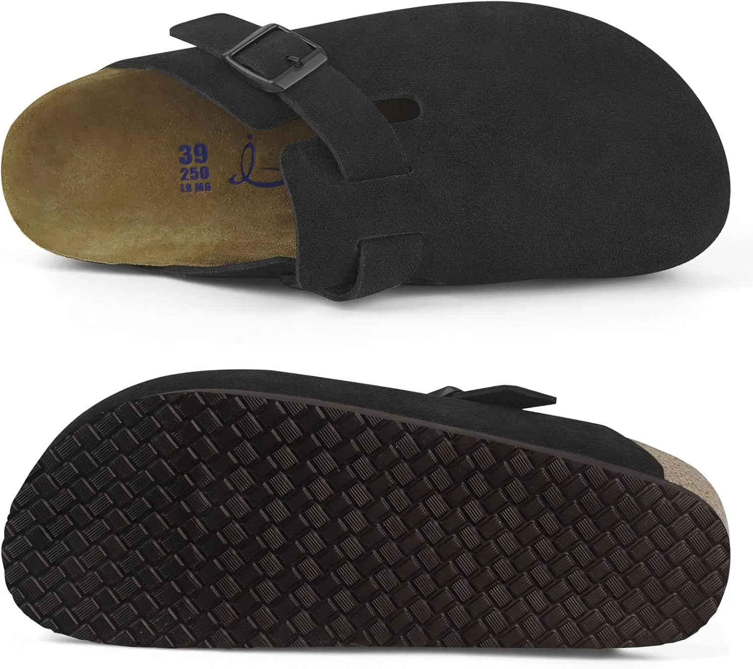 ILLIMITE Suede Clogs for Women Men Cork Footbed Sandals Leather Mules Potato Shoes with Arch Support and Adjustable Buckle