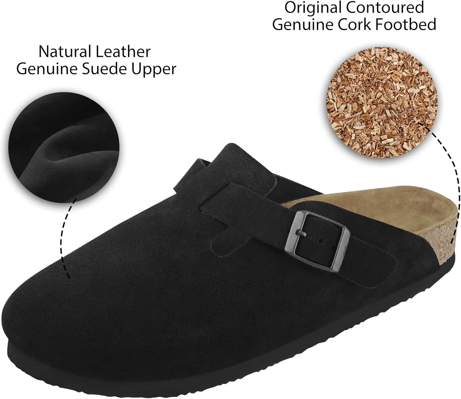 ILLIMITE Suede Clogs for Women Men Cork Footbed Sandals Leather Mules Potato Shoes with Arch Support and Adjustable Buckle