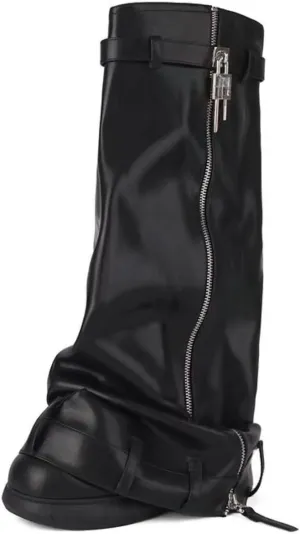 IMPREMEY Women's Fold Over Knee High Boots Platform Heel Padlock Boot with Zipper Denim Jeans Biker Shoes