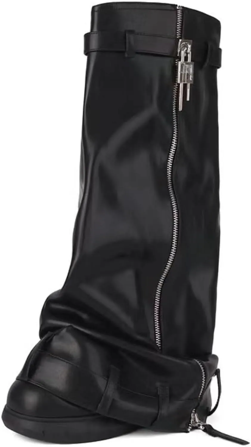 IMPREMEY Women's Fold Over Knee High Boots Platform Heel Padlock Boot with Zipper Denim Jeans Biker Shoes