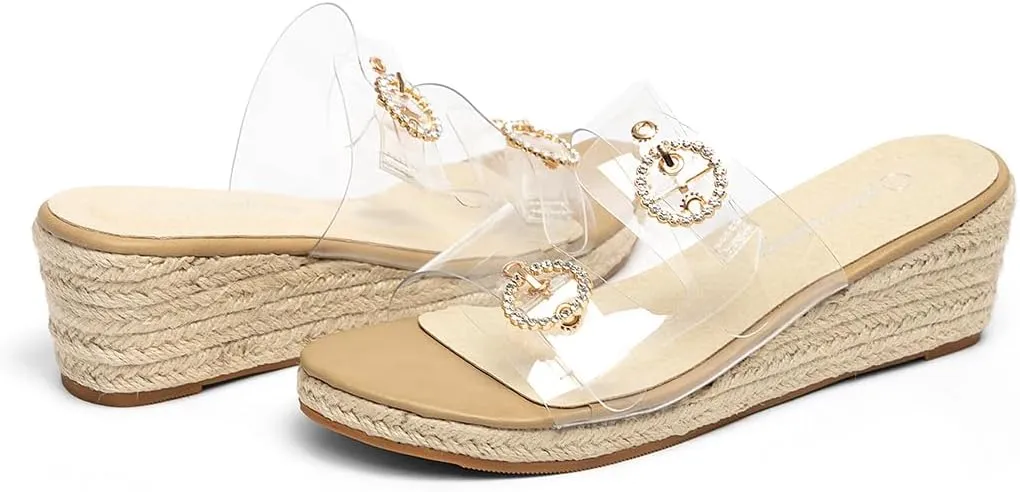 Jeesay Wedge Sandals for Women Slides with Buckle Strap Rhinestones Slip On Peep Toe Women's Platform Sandals High Heels Shoes