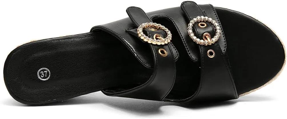 Jeesay Wedge Sandals for Women Slides with Buckle Strap Rhinestones Slip On Peep Toe Women's Platform Sandals High Heels Shoes