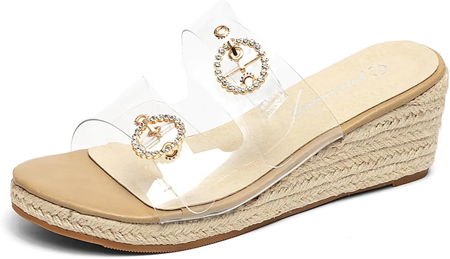 Jeesay Wedge Sandals for Women Slides with Buckle Strap Rhinestones Slip On Peep Toe Women's Platform Sandals High Heels Shoes
