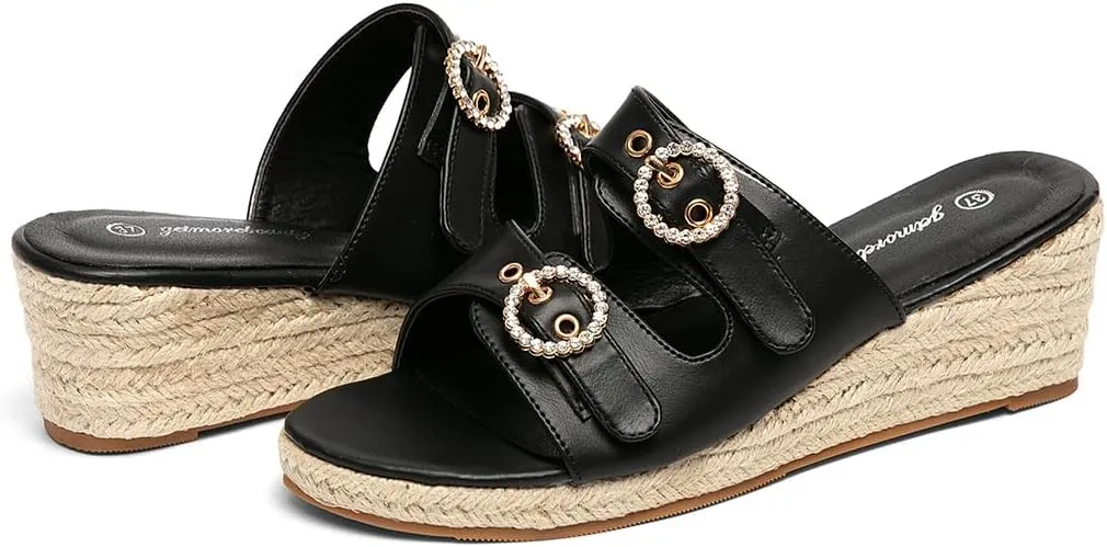 Jeesay Wedge Sandals for Women Slides with Buckle Strap Rhinestones Slip On Peep Toe Women's Platform Sandals High Heels Shoes