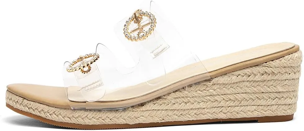 Jeesay Wedge Sandals for Women Slides with Buckle Strap Rhinestones Slip On Peep Toe Women's Platform Sandals High Heels Shoes