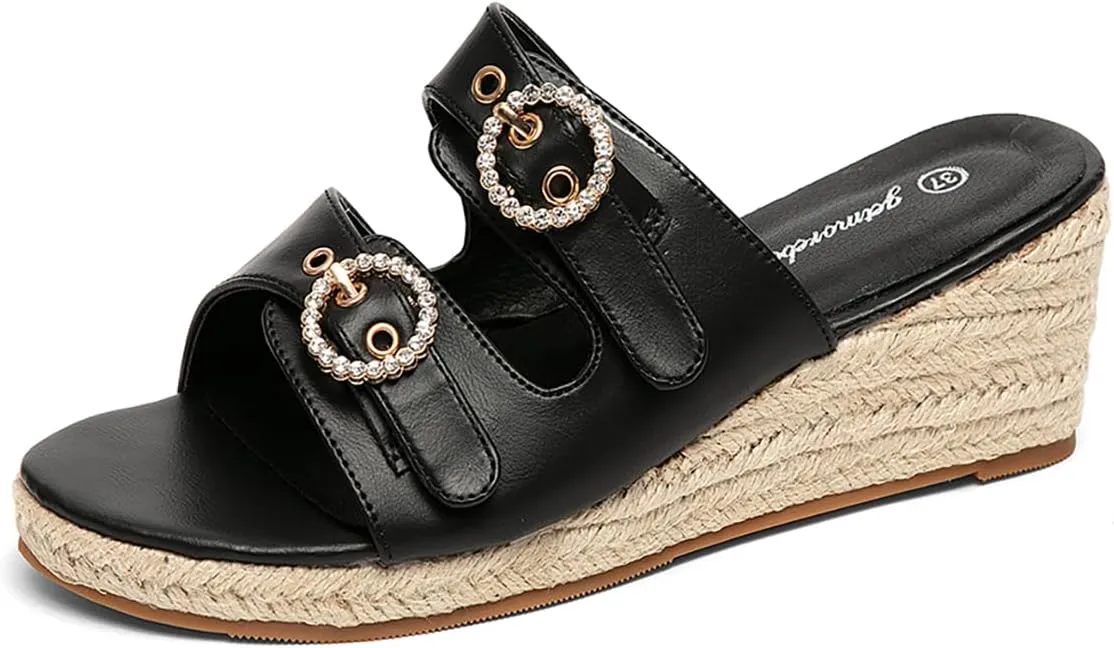 Jeesay Wedge Sandals for Women Slides with Buckle Strap Rhinestones Slip On Peep Toe Women's Platform Sandals High Heels Shoes