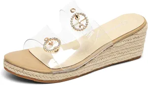 Jeesay Wedge Sandals for Women Slides with Buckle Strap Rhinestones Slip On Peep Toe Women's Platform Sandals High Heels Shoes