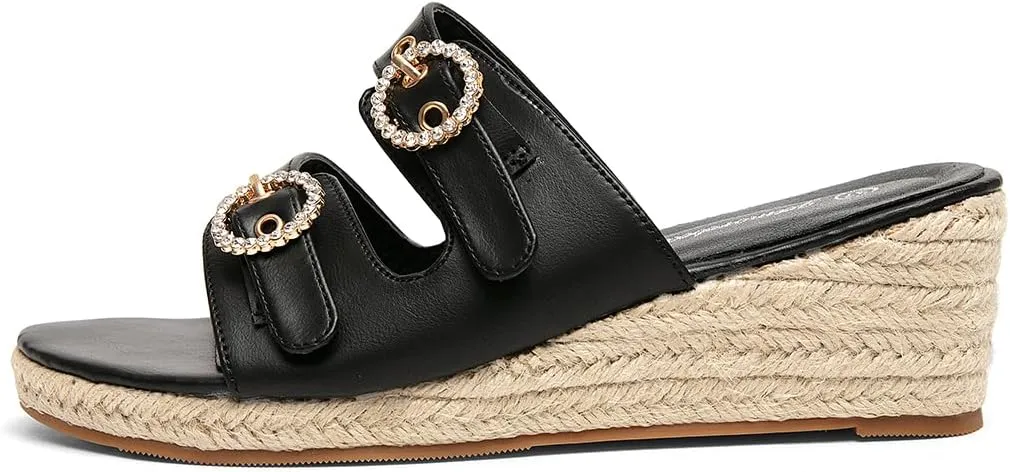 Jeesay Wedge Sandals for Women Slides with Buckle Strap Rhinestones Slip On Peep Toe Women's Platform Sandals High Heels Shoes
