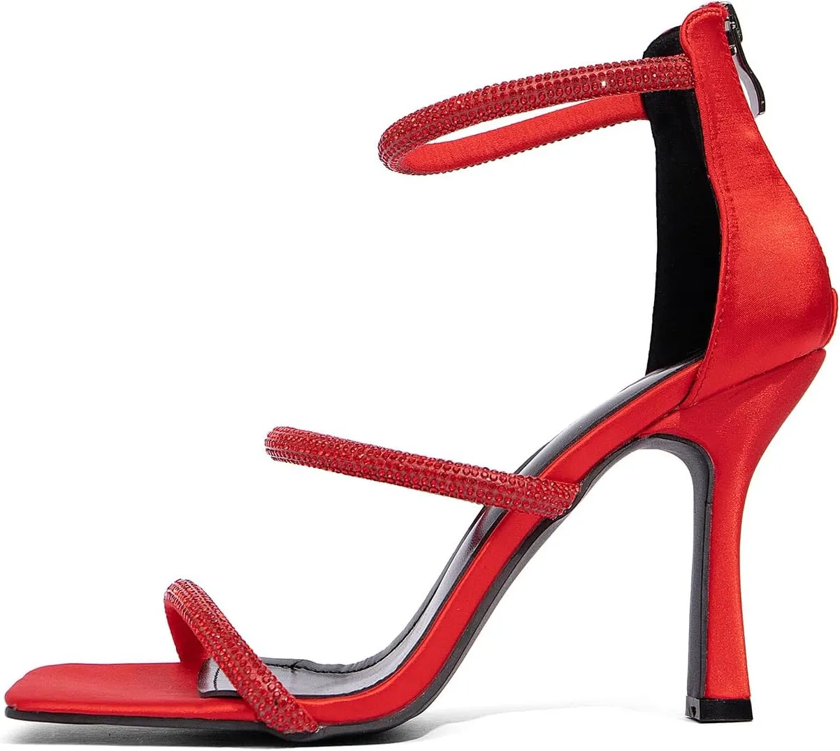 Jeesay Women's Rhinestones Strappy Stiletto High Heels Sandals Square Toe Back Zip Casual Dress Sandals Shoes
