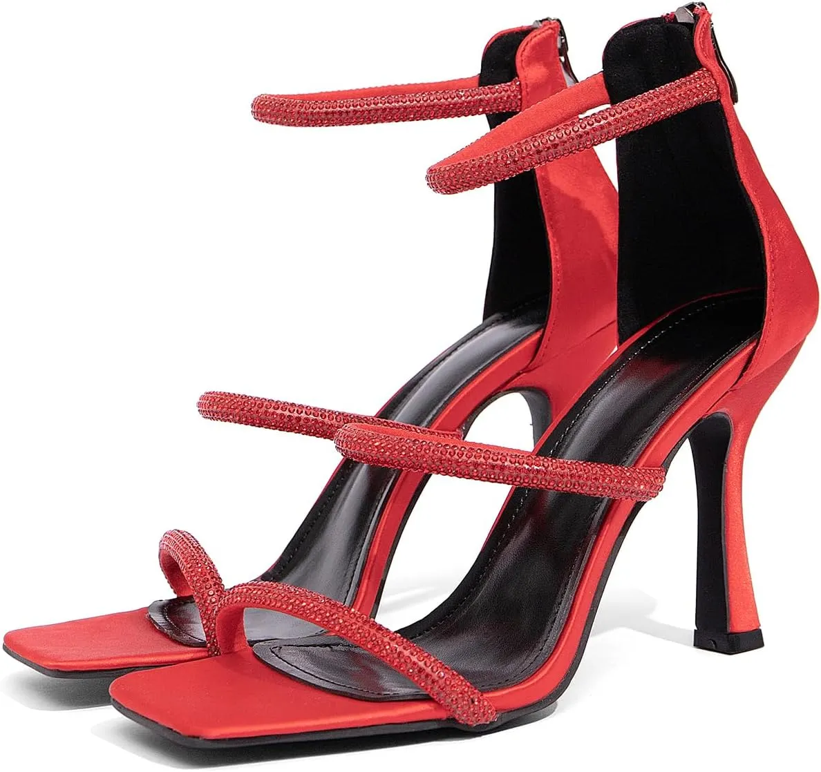 Jeesay Women's Rhinestones Strappy Stiletto High Heels Sandals Square Toe Back Zip Casual Dress Sandals Shoes