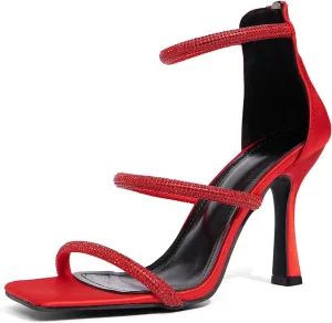 Jeesay Women's Rhinestones Strappy Stiletto High Heels Sandals Square Toe Back Zip Casual Dress Sandals Shoes