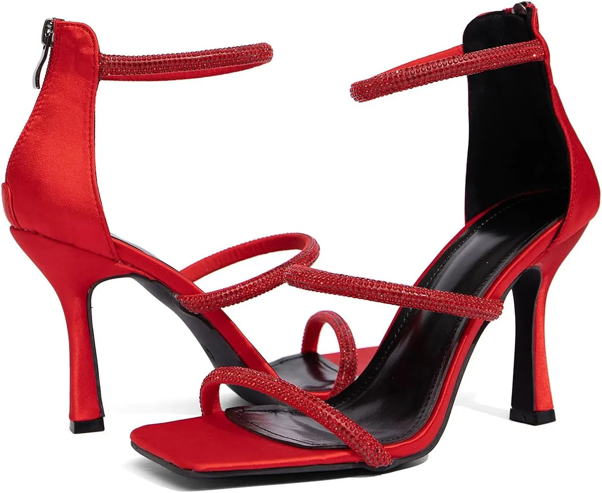 Jeesay Women's Rhinestones Strappy Stiletto High Heels Sandals Square Toe Back Zip Casual Dress Sandals Shoes
