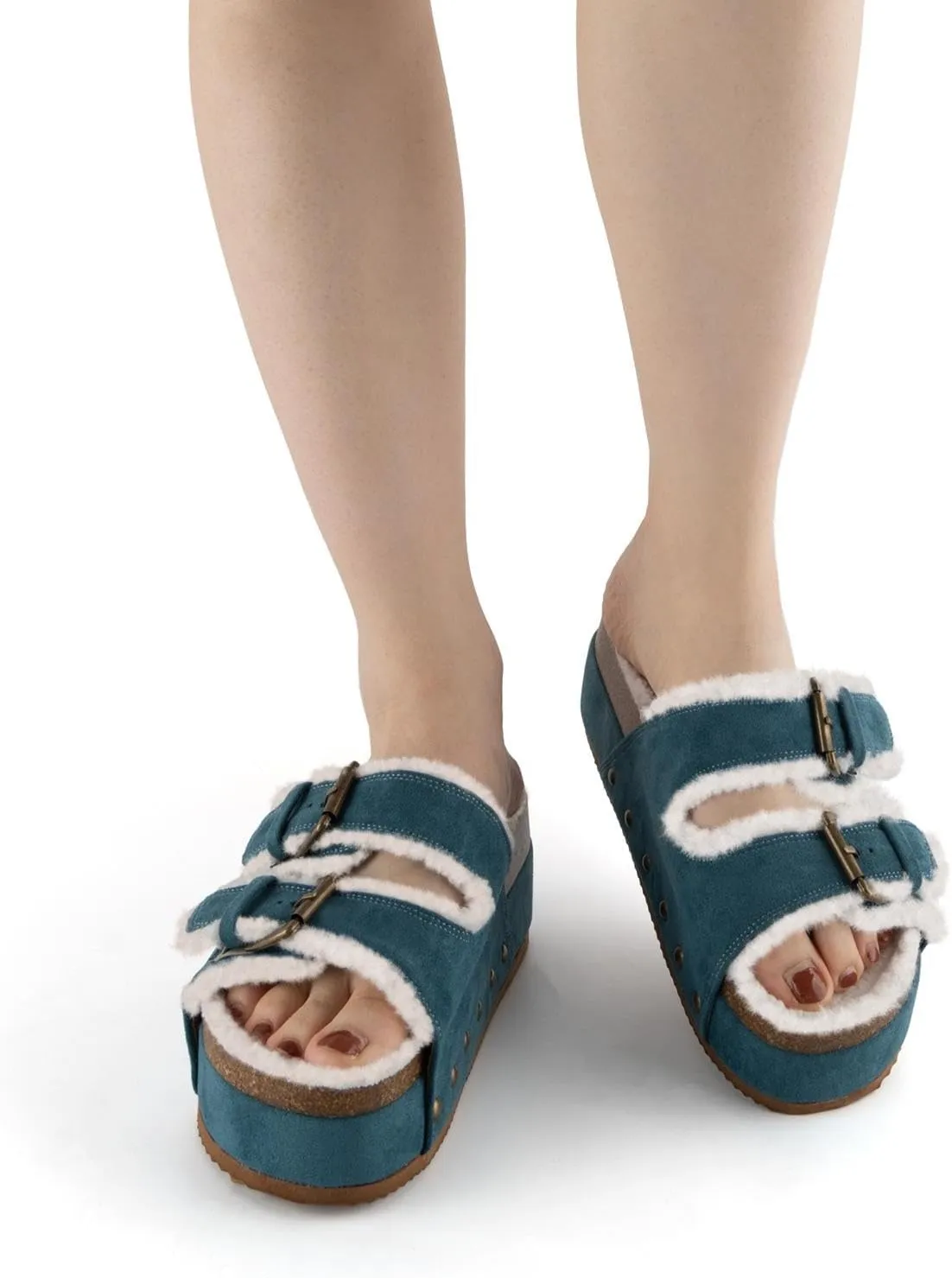 JORISTIMO Women's Cork Flatform Sandals, Faux Suede Fur-Lined Dual Buckled Band Suede Clogs Platform Slip On Sandals Slippers