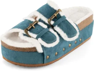 JORISTIMO Women's Cork Flatform Sandals, Faux Suede Fur-Lined Dual Buckled Band Suede Clogs Platform Slip On Sandals Slippers