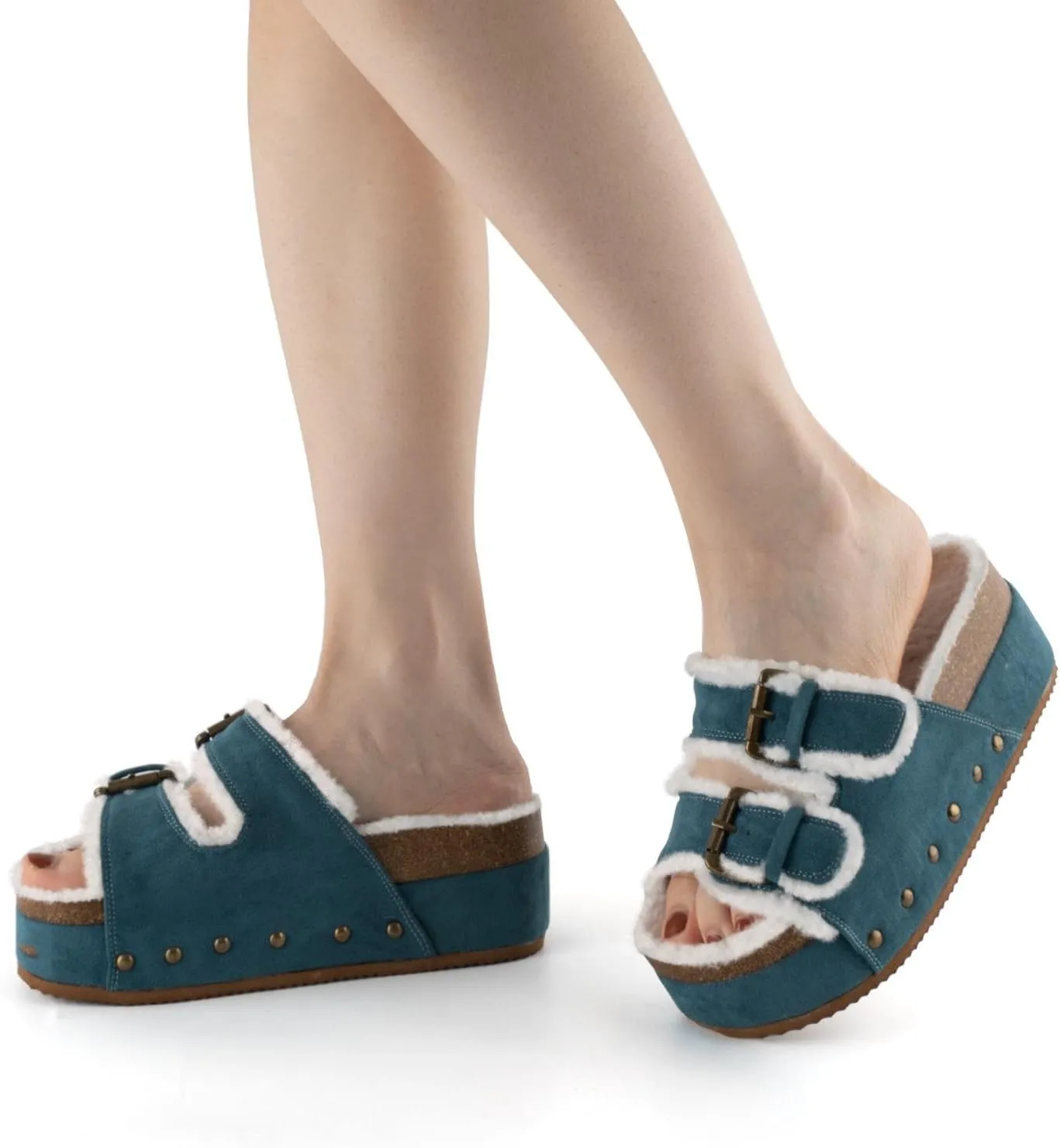 JORISTIMO Women's Cork Flatform Sandals, Faux Suede Fur-Lined Dual Buckled Band Suede Clogs Platform Slip On Sandals Slippers