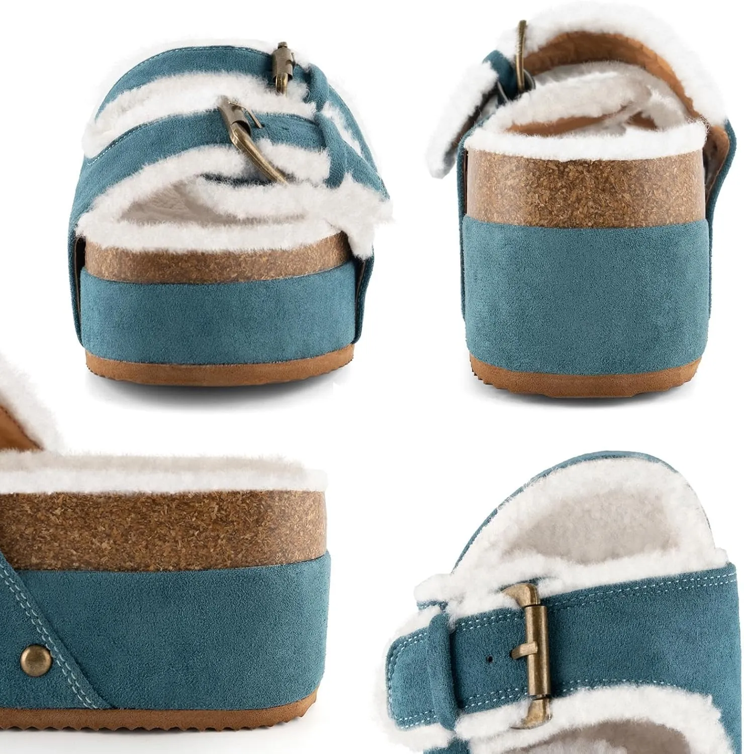 JORISTIMO Women's Cork Flatform Sandals, Faux Suede Fur-Lined Dual Buckled Band Suede Clogs Platform Slip On Sandals Slippers