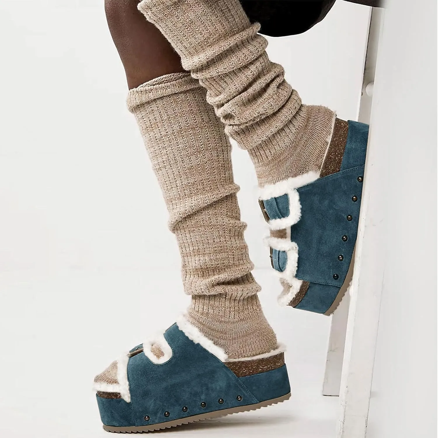 JORISTIMO Women's Cork Flatform Sandals, Faux Suede Fur-Lined Dual Buckled Band Suede Clogs Platform Slip On Sandals Slippers