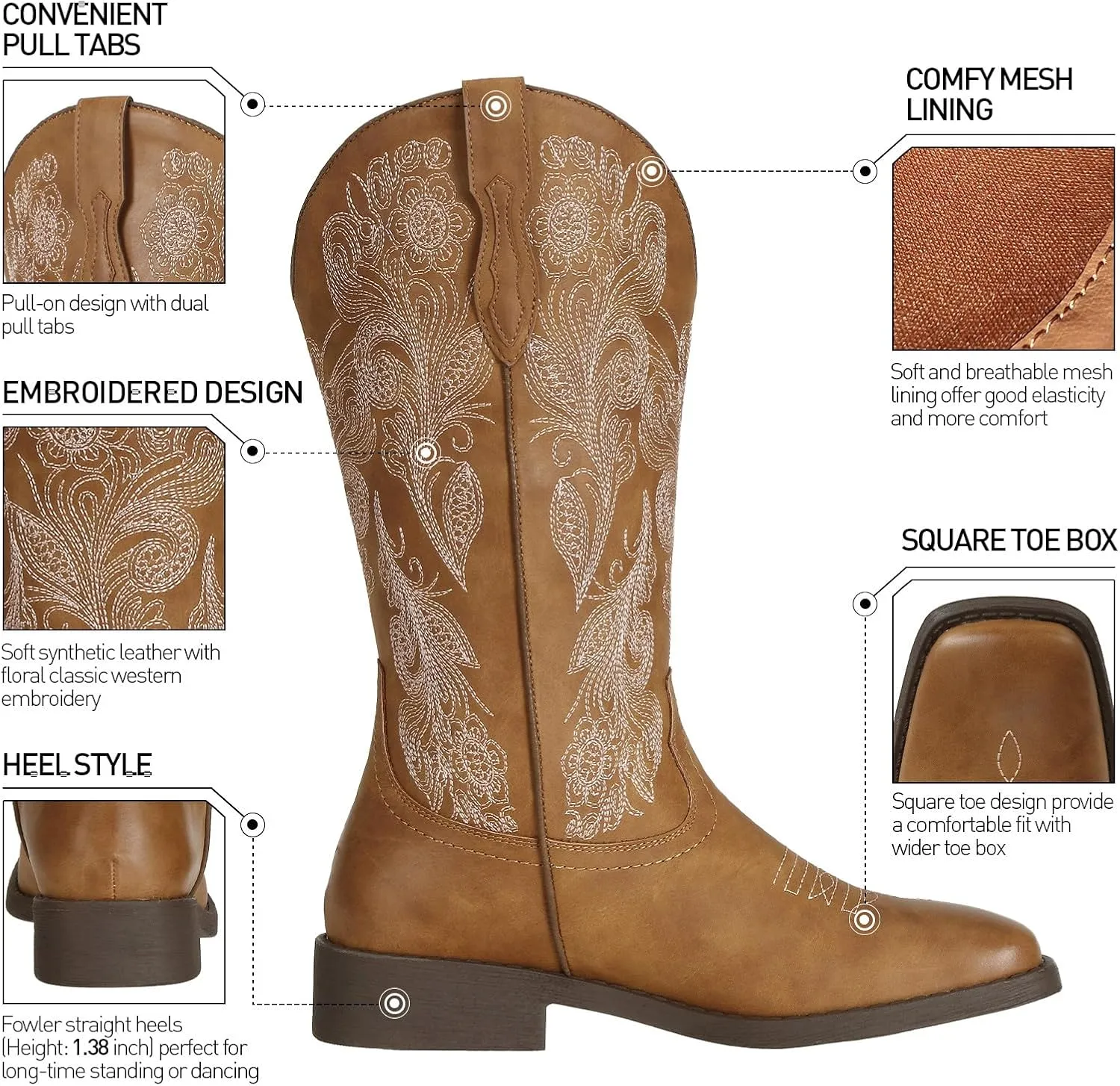 J's.o.l.e Women's Floral Embroidered Cowboy Boots Square Toe Fashion Western Cowgirl Boots