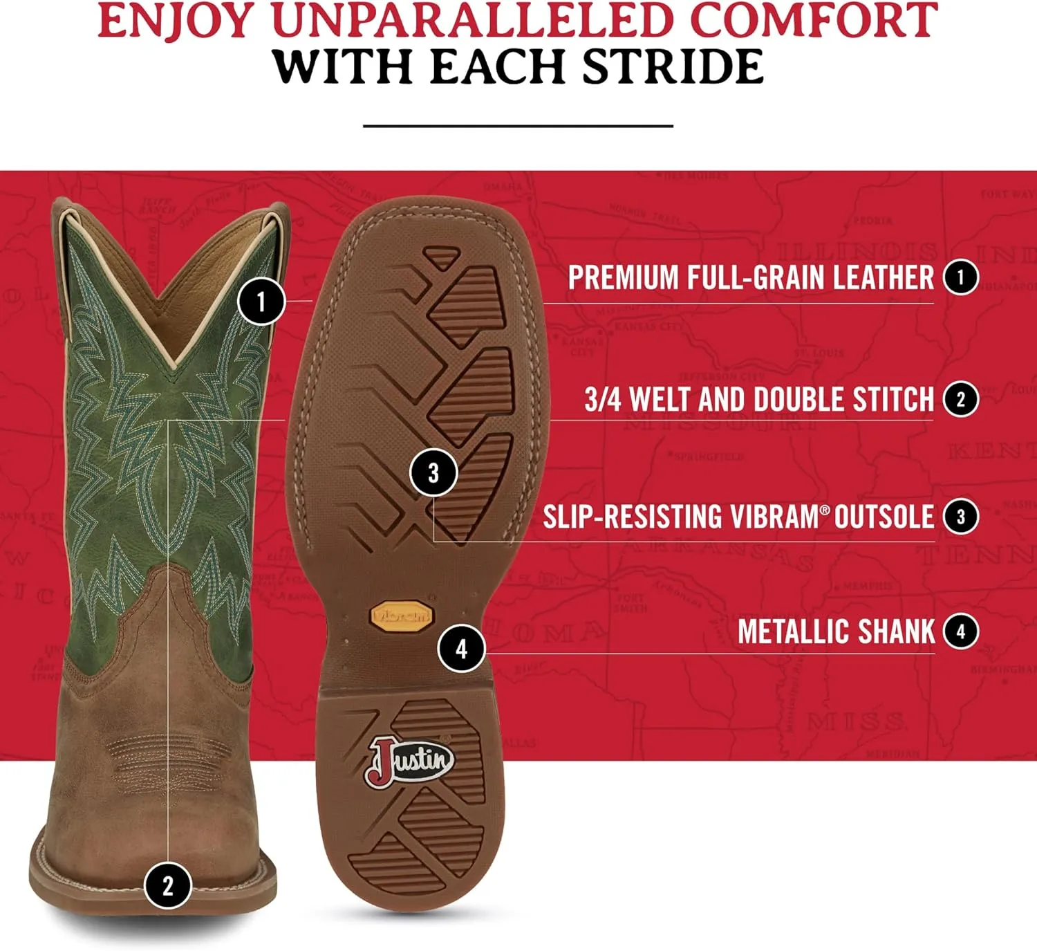 Justin Big Bucks 11” Western Boots for Men - Frontier Collection - Square Toe Leather Men’s Cowboy Boots with Comfort Footbed, Non Slip Rubber Outsole