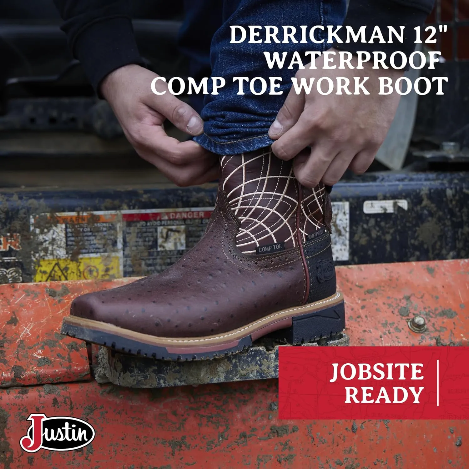 Justin Derrickman 12" Waterproof Work Boots for Men with Composite Safety Toe, Full-Grain Leather Upper, and Oil- and Slip-Resistant Rubber Outsole
