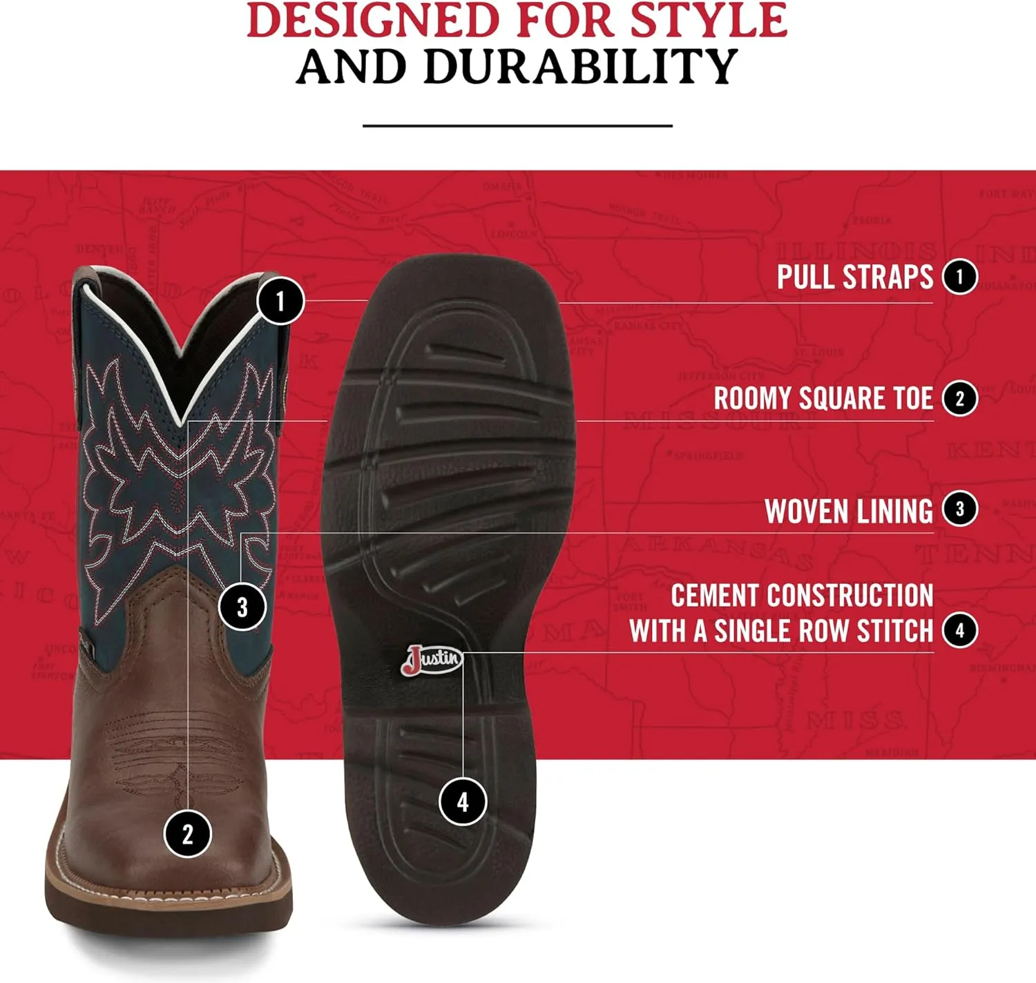 Justin Sunny 8” Cowboy Boots for Women - Gypsy Collection - Leather Women’s Cowgirl Boots with Comfort Cushion Footbed and Non Slip Rubber Outsole