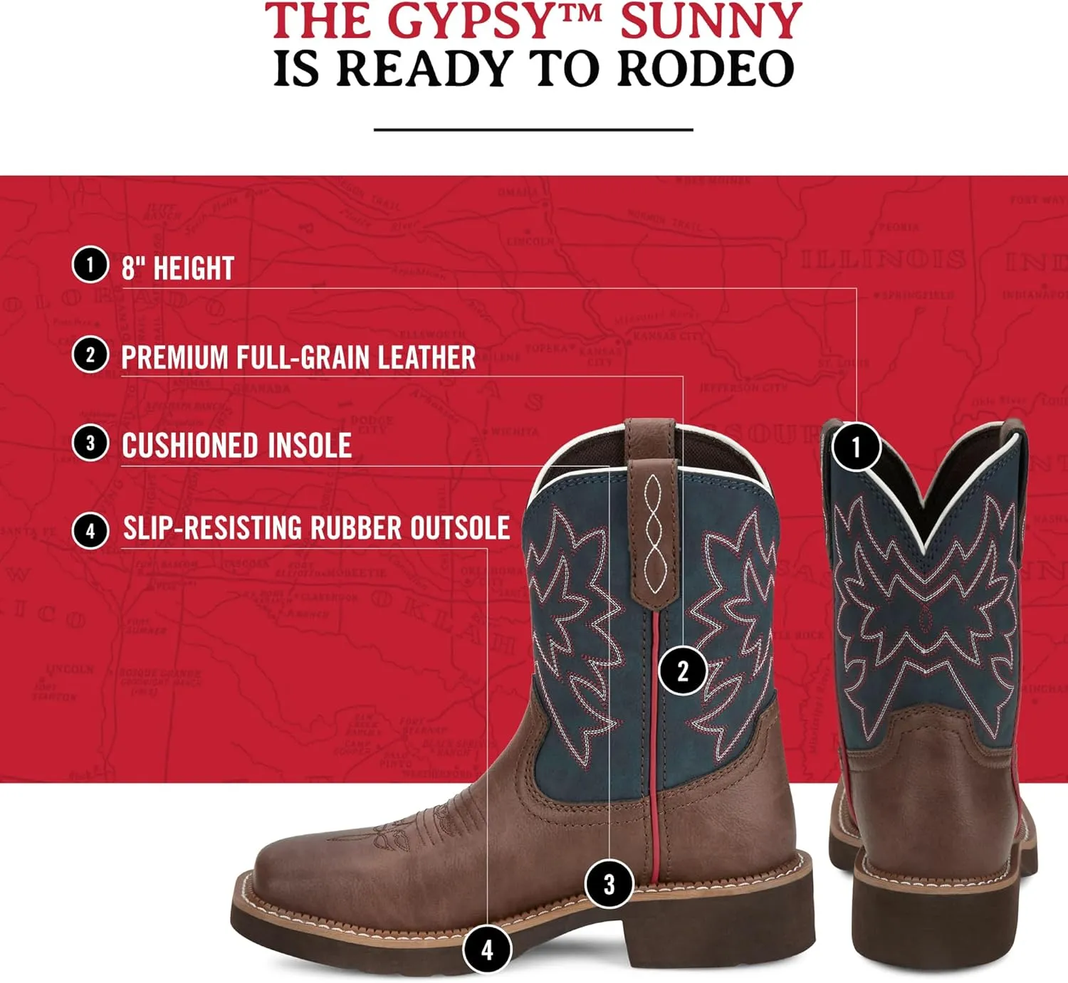 Justin Sunny 8” Cowboy Boots for Women - Gypsy Collection - Leather Women’s Cowgirl Boots with Comfort Cushion Footbed and Non Slip Rubber Outsole