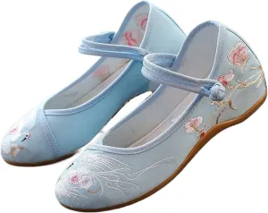 JYHBHMZG Women Cotton Fabric Embroidered Ballet Flats Retro Ladies Casual Walking Shoes Comfortable White Red Blue