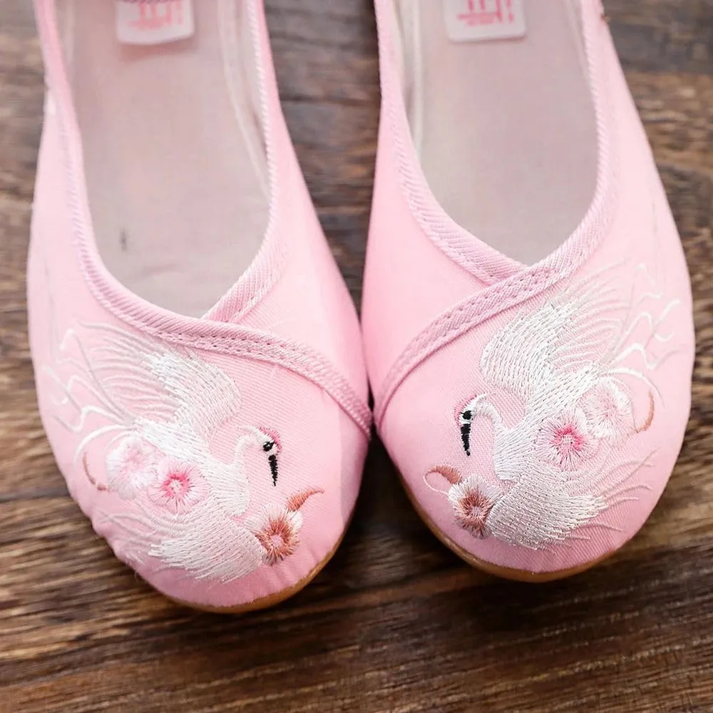 JYHBHMZG Women Cotton Fabric Embroidered Ballet Flats Retro Ladies Casual Walking Shoes Comfortable White Red Blue