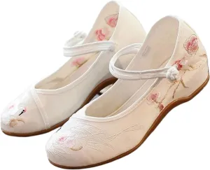 JYHBHMZG Women Cotton Fabric Embroidered Ballet Flats Retro Ladies Casual Walking Shoes Comfortable White Red Blue