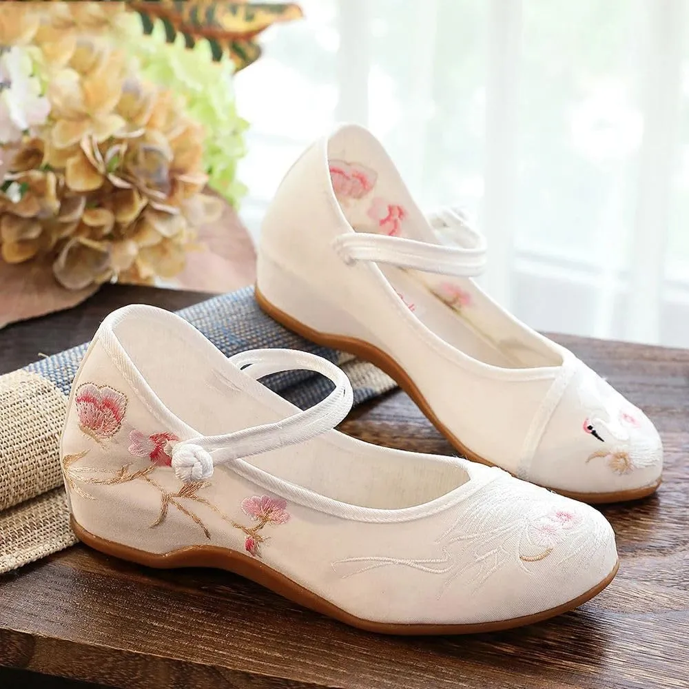 JYHBHMZG Women Cotton Fabric Embroidered Ballet Flats Retro Ladies Casual Walking Shoes Comfortable White Red Blue