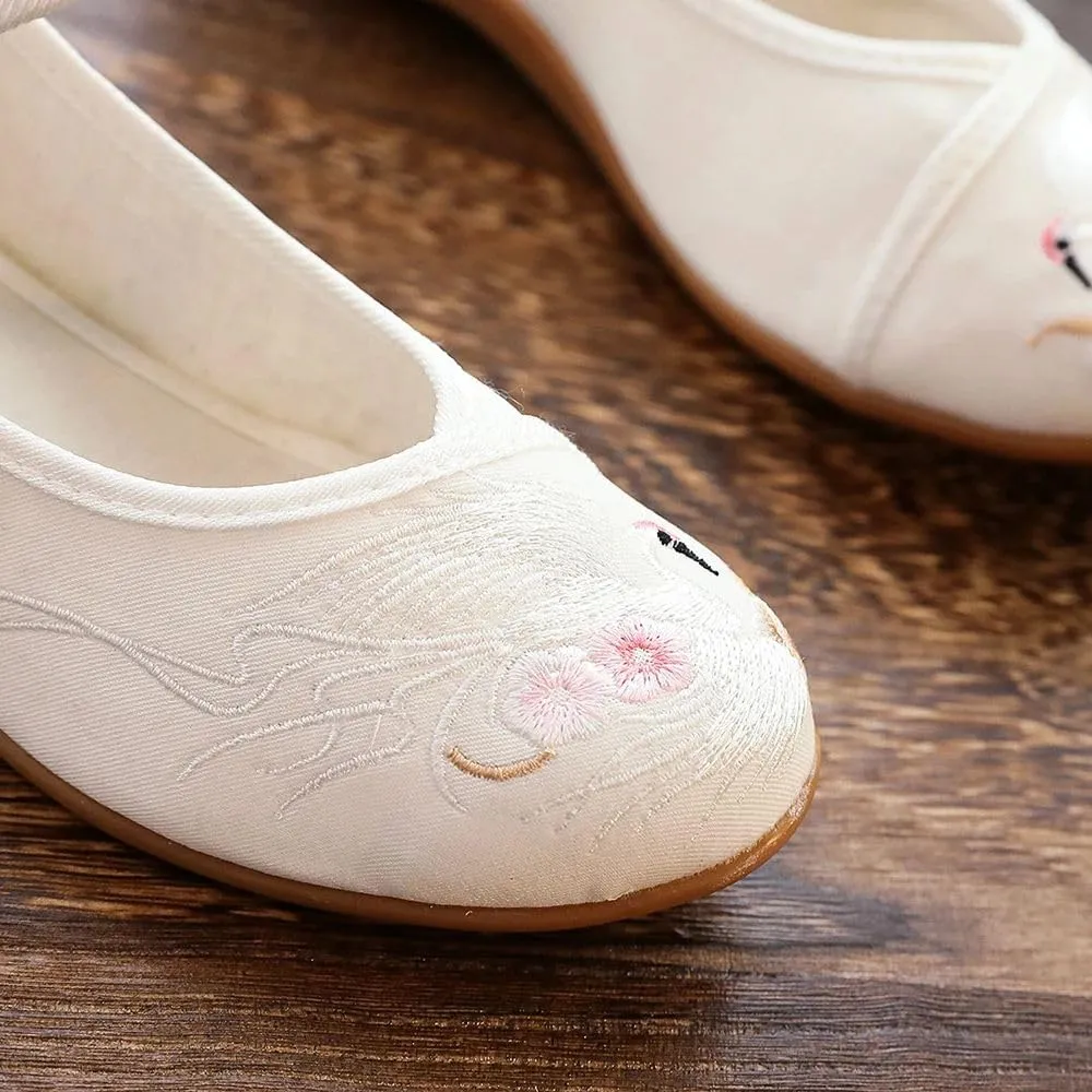JYHBHMZG Women Cotton Fabric Embroidered Ballet Flats Retro Ladies Casual Walking Shoes Comfortable White Red Blue
