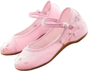 JYHBHMZG Women Cotton Fabric Embroidered Ballet Flats Retro Ladies Casual Walking Shoes Comfortable White Red Blue