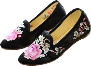 JYHBHMZG Women Fleece Cotton Fabric Embroidered Ballet Flats Pointed Toe Spring Retro Ladies Casual Slip On Ballerinas Shoes