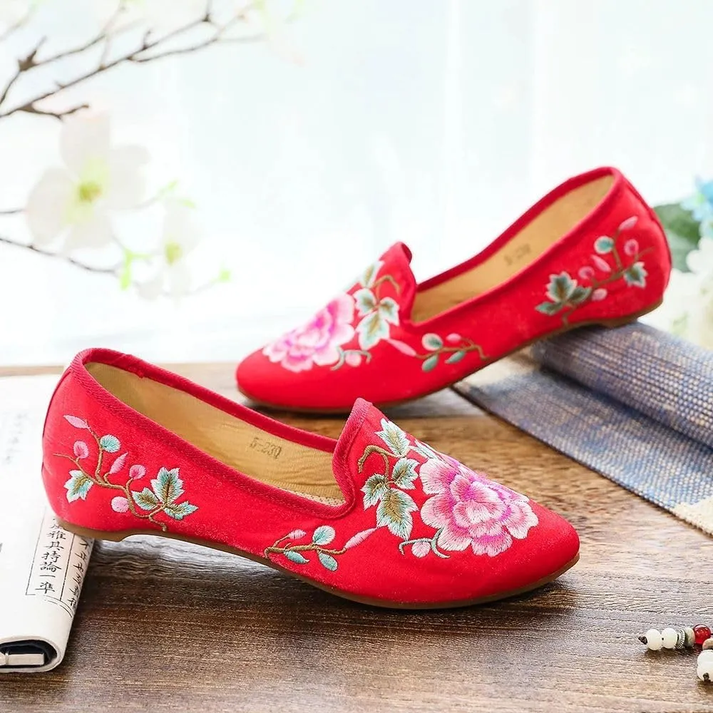 JYHBHMZG Women Fleece Cotton Fabric Embroidered Ballet Flats Pointed Toe Spring Retro Ladies Casual Slip On Ballerinas Shoes
