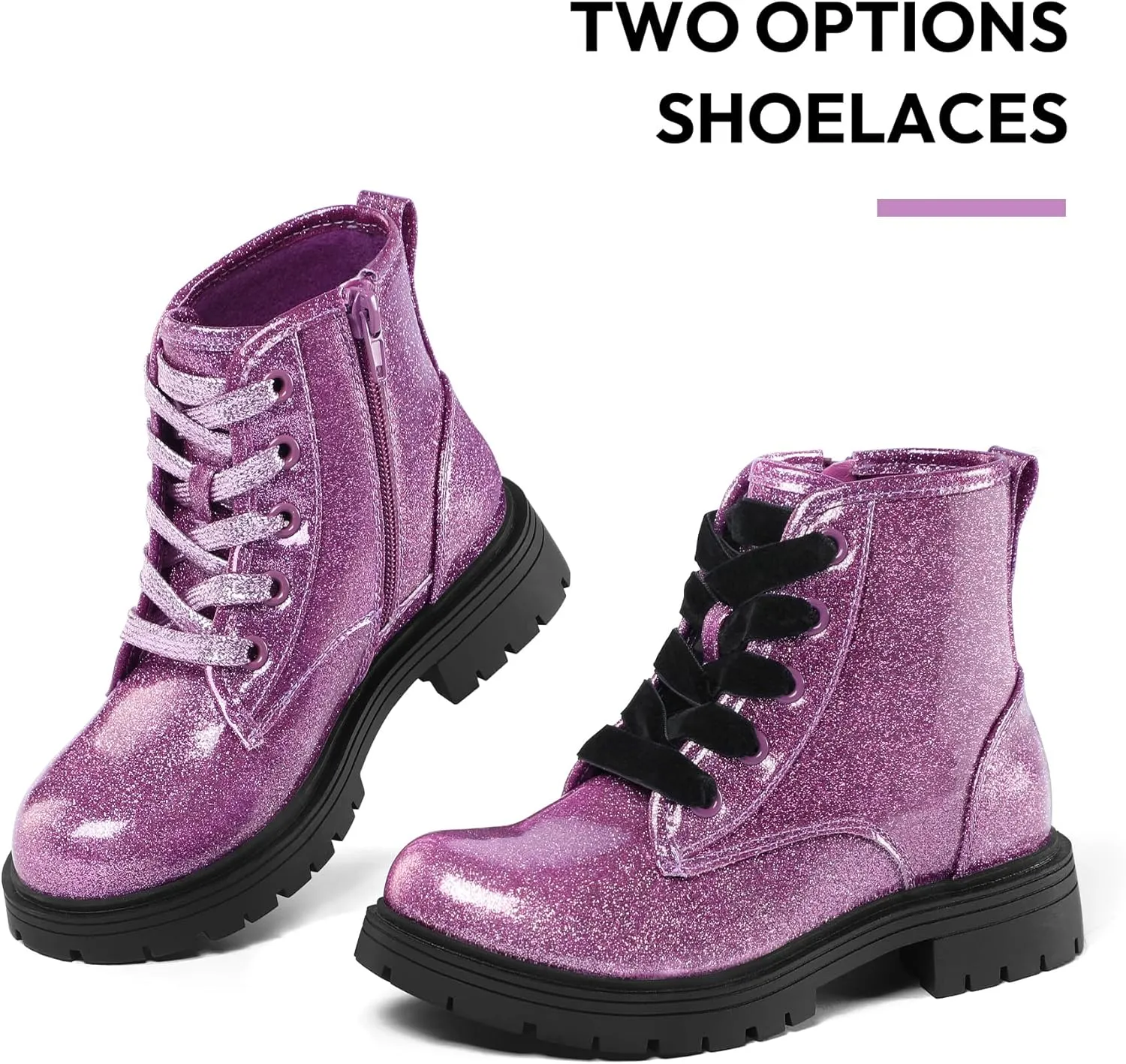 K KomForme Girls Glitter Ankle Boots Lace Up Waterproof Combat Shoes With Side Zipper for Toddler/Little Kid/Big Kid