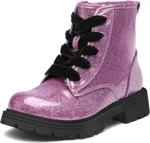 K KomForme Girls Glitter Ankle Boots Lace Up Waterproof Combat Shoes With Side Zipper for Toddler/Little Kid/Big Kid