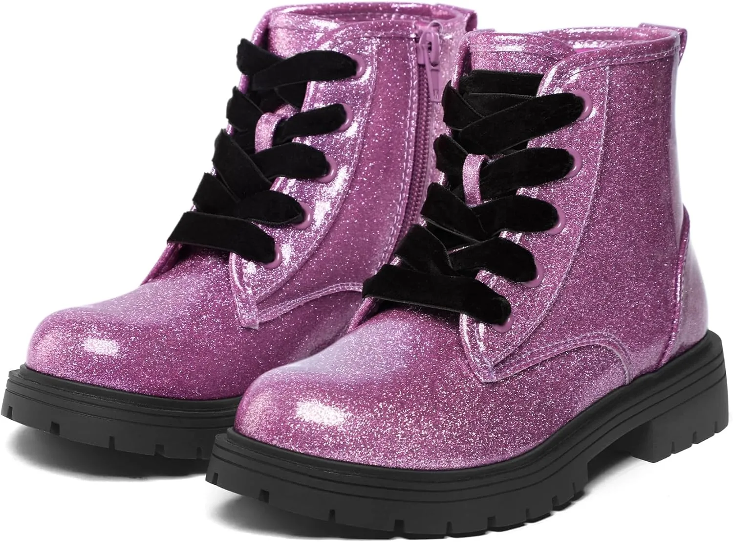 K KomForme Girls Glitter Ankle Boots Lace Up Waterproof Combat Shoes With Side Zipper for Toddler/Little Kid/Big Kid