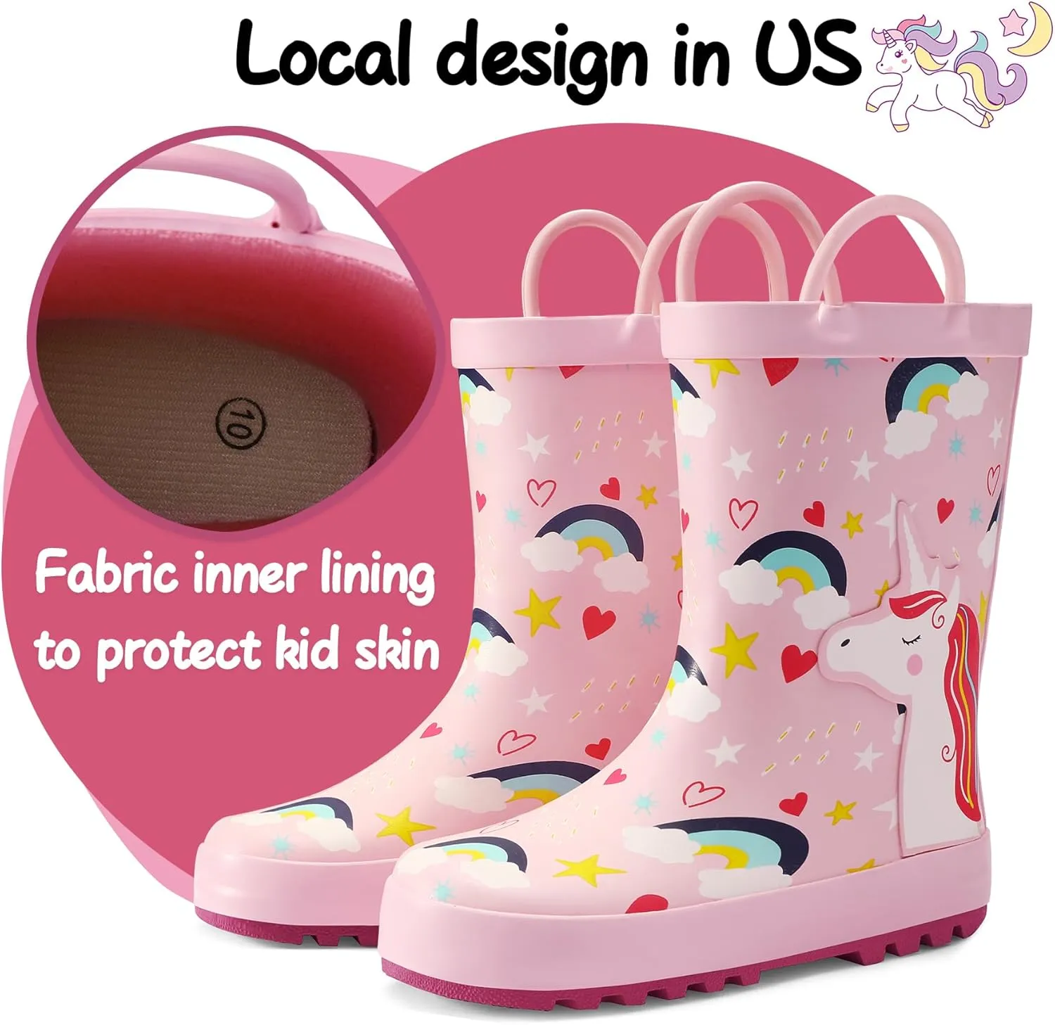 K KomForme Kids Rain Boots Waterproof Printed Rubber boots with Handles