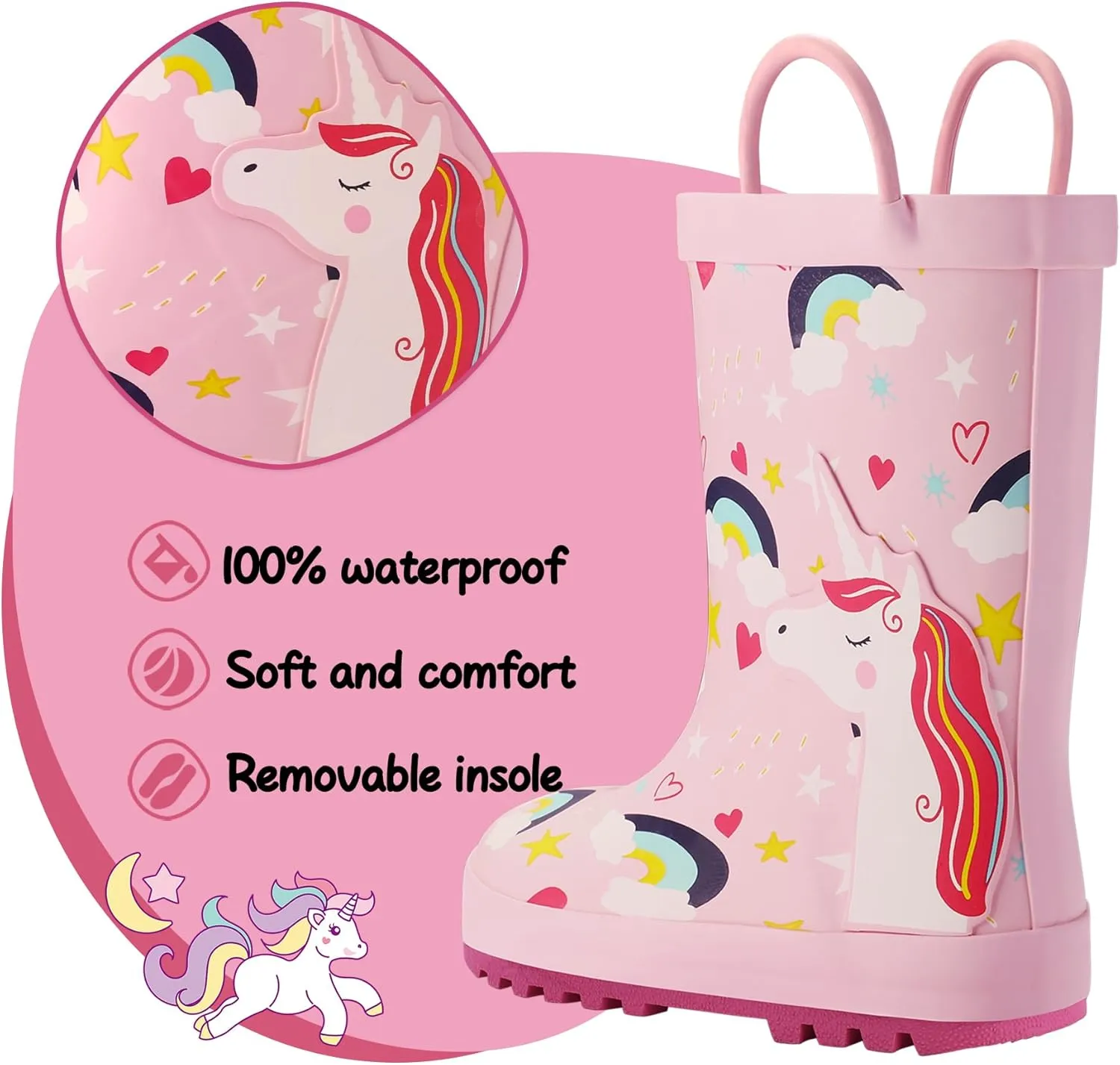 K KomForme Kids Rain Boots Waterproof Printed Rubber boots with Handles