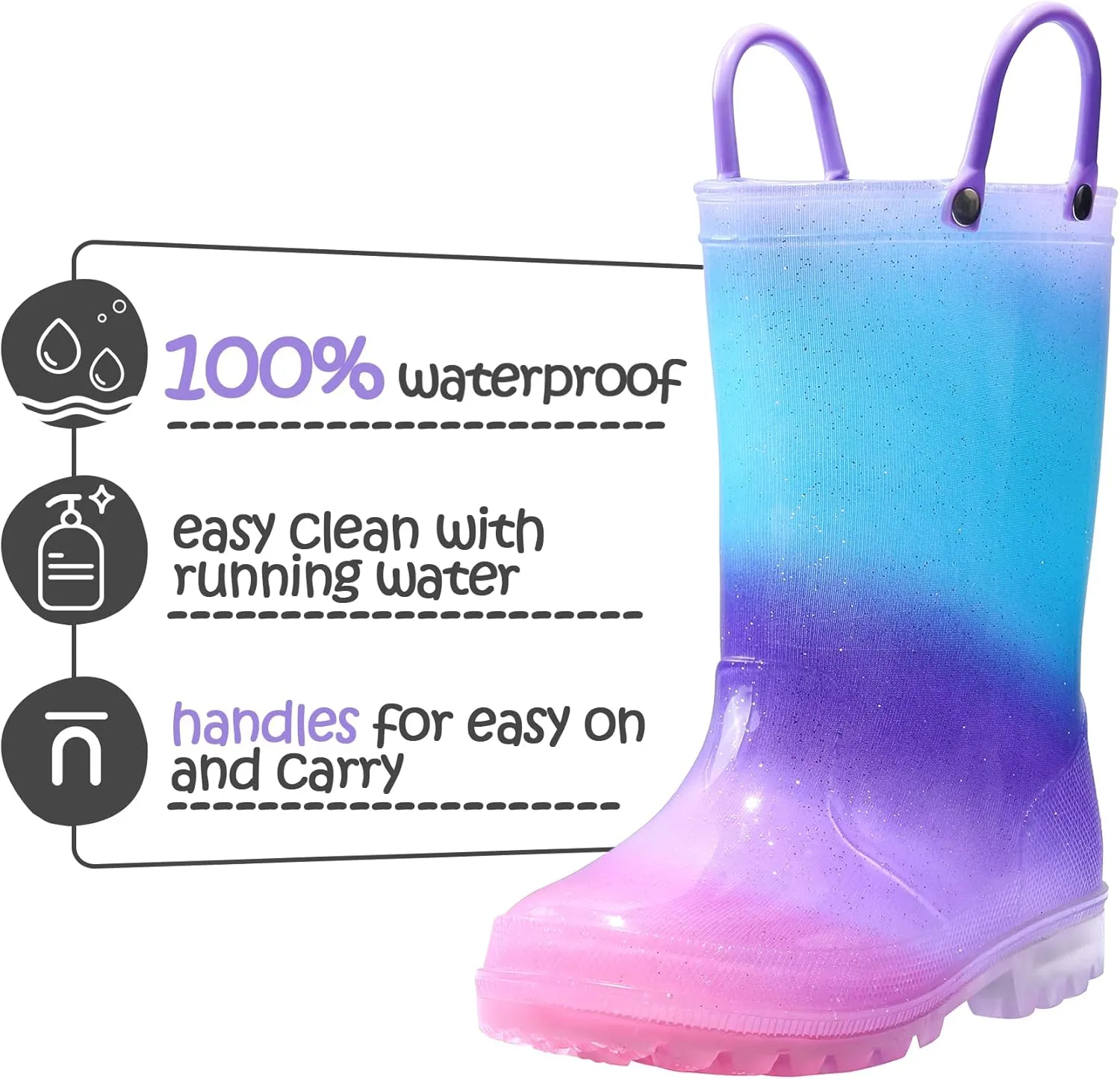K KomForme Toddler Light Up Rain Boots for Girls Boys Waterproof Rain Boots with Handles Outdoors