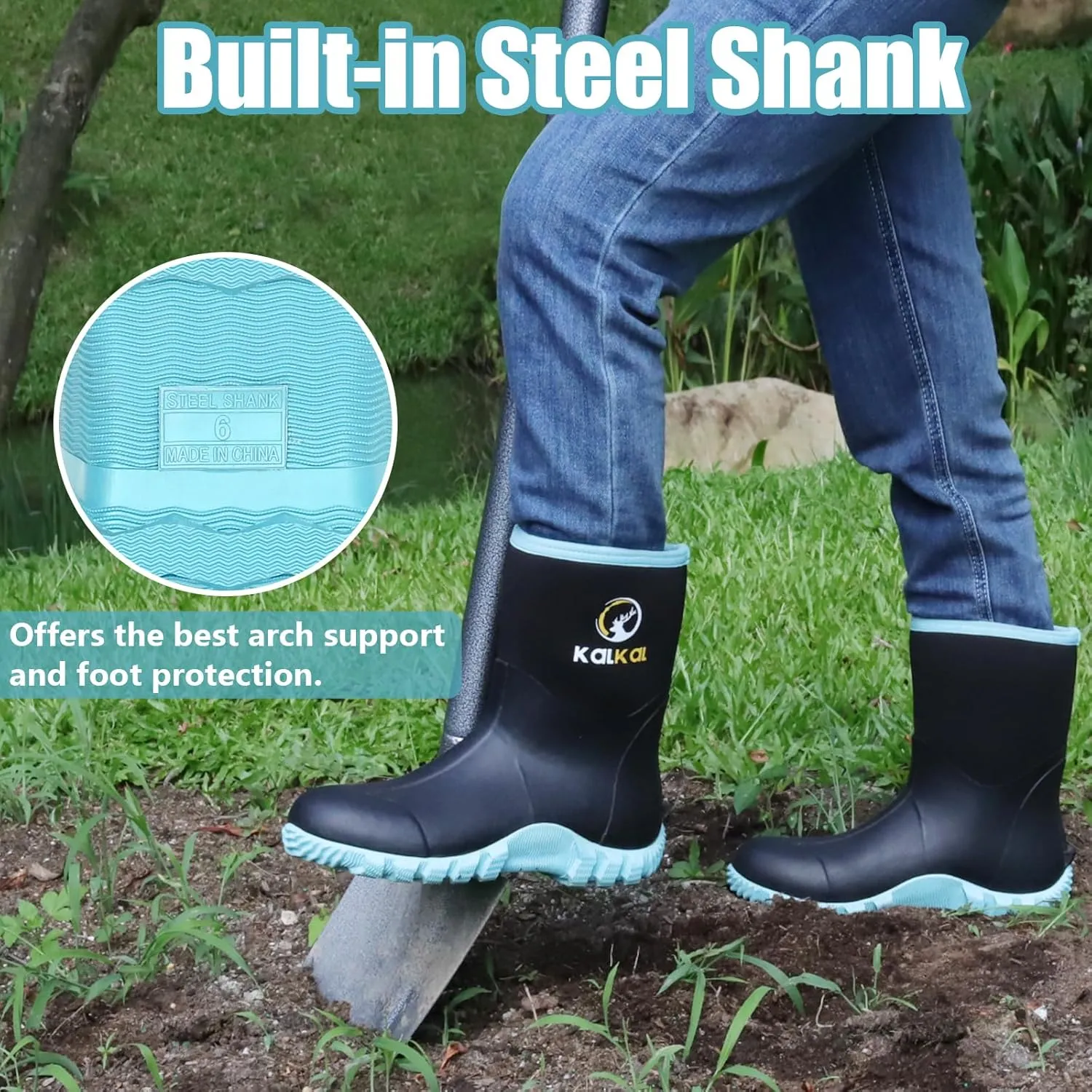 Kalkal Rubber Boots for Women, Waterproof Mid Calf Women Rain Boots with Steel Shank, 6mm Neoprene Insulated Rubber Garden Boots for Women Mud Working Farming Fishing