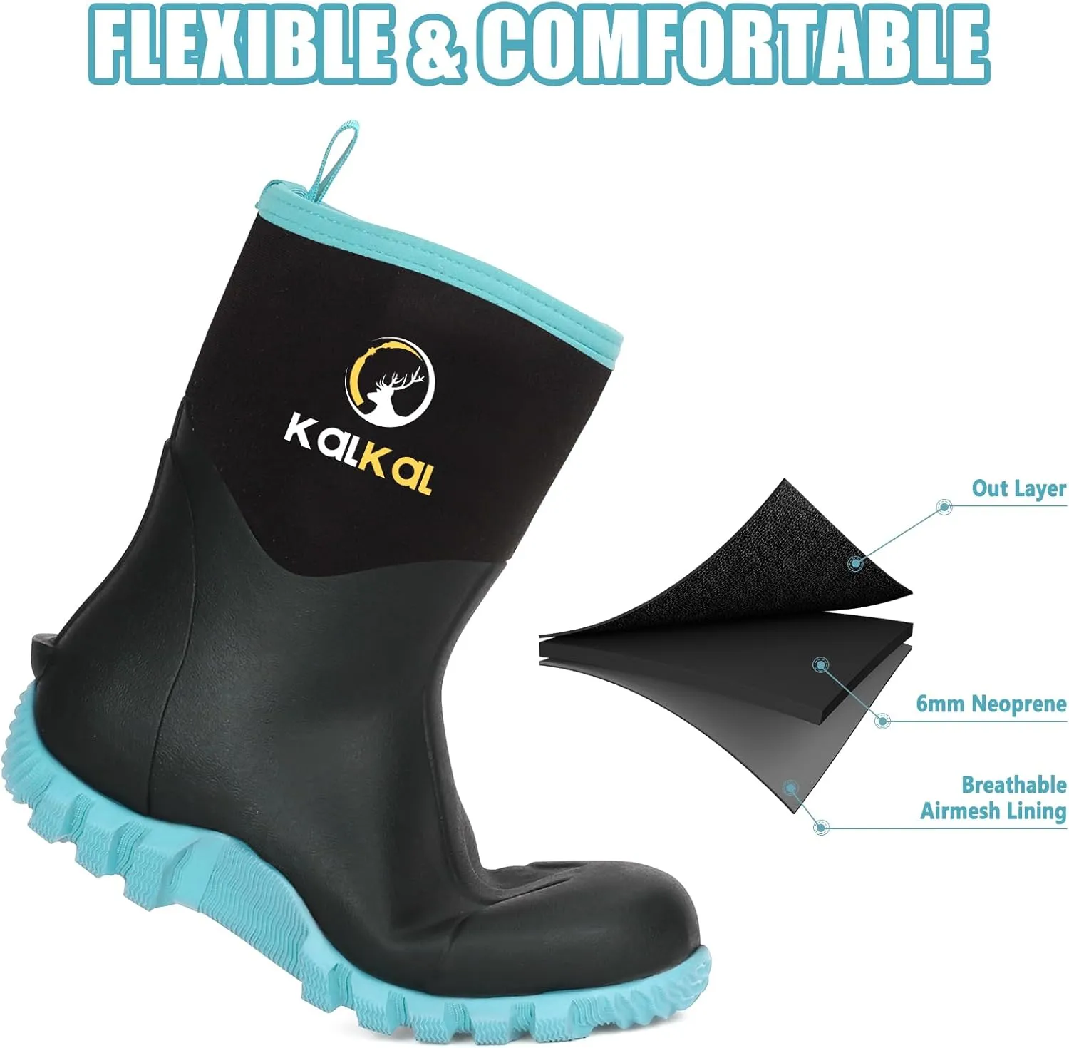 Kalkal Rubber Boots for Women, Waterproof Mid Calf Women Rain Boots with Steel Shank, 6mm Neoprene Insulated Rubber Garden Boots for Women Mud Working Farming Fishing
