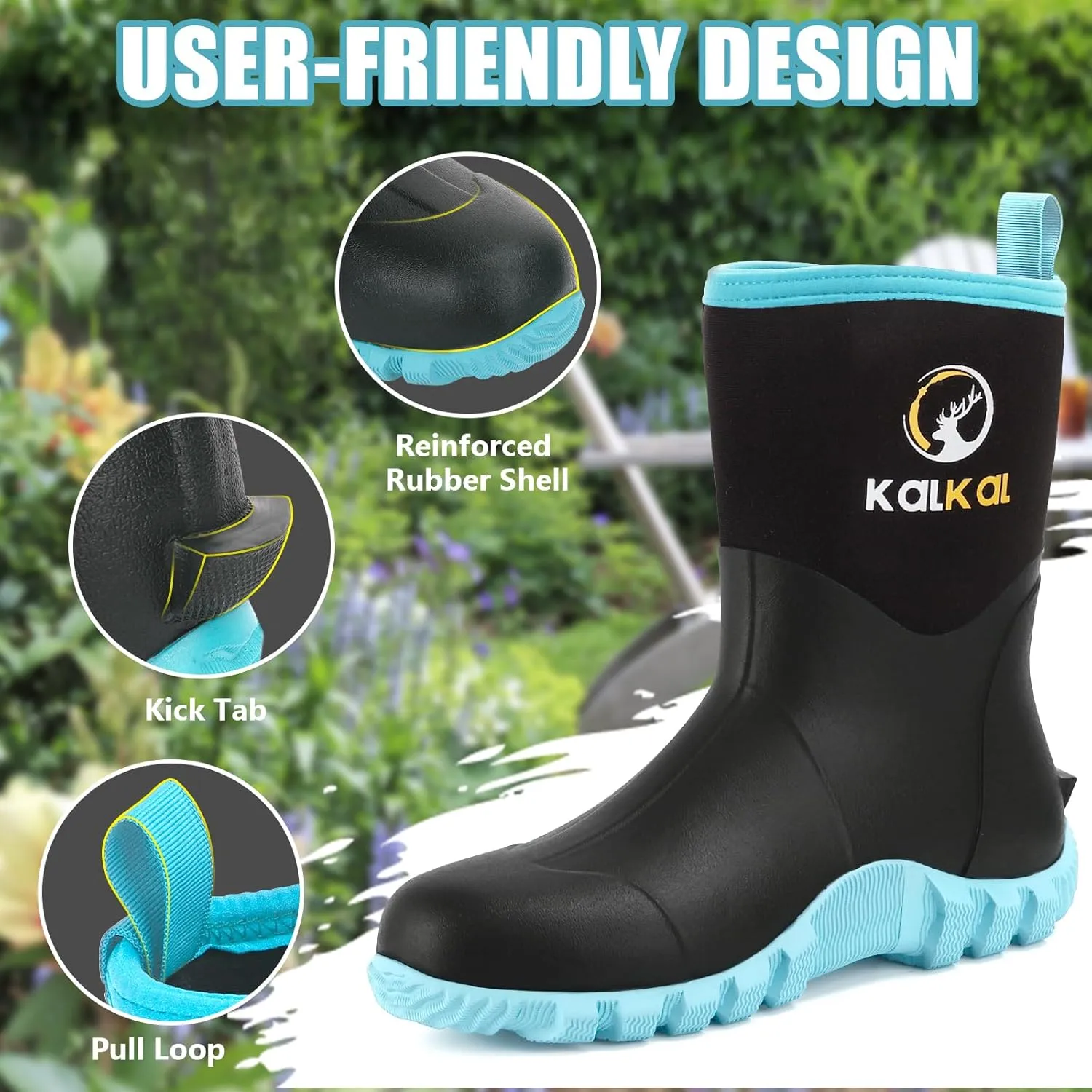 Kalkal Rubber Boots for Women, Waterproof Mid Calf Women Rain Boots with Steel Shank, 6mm Neoprene Insulated Rubber Garden Boots for Women Mud Working Farming Fishing