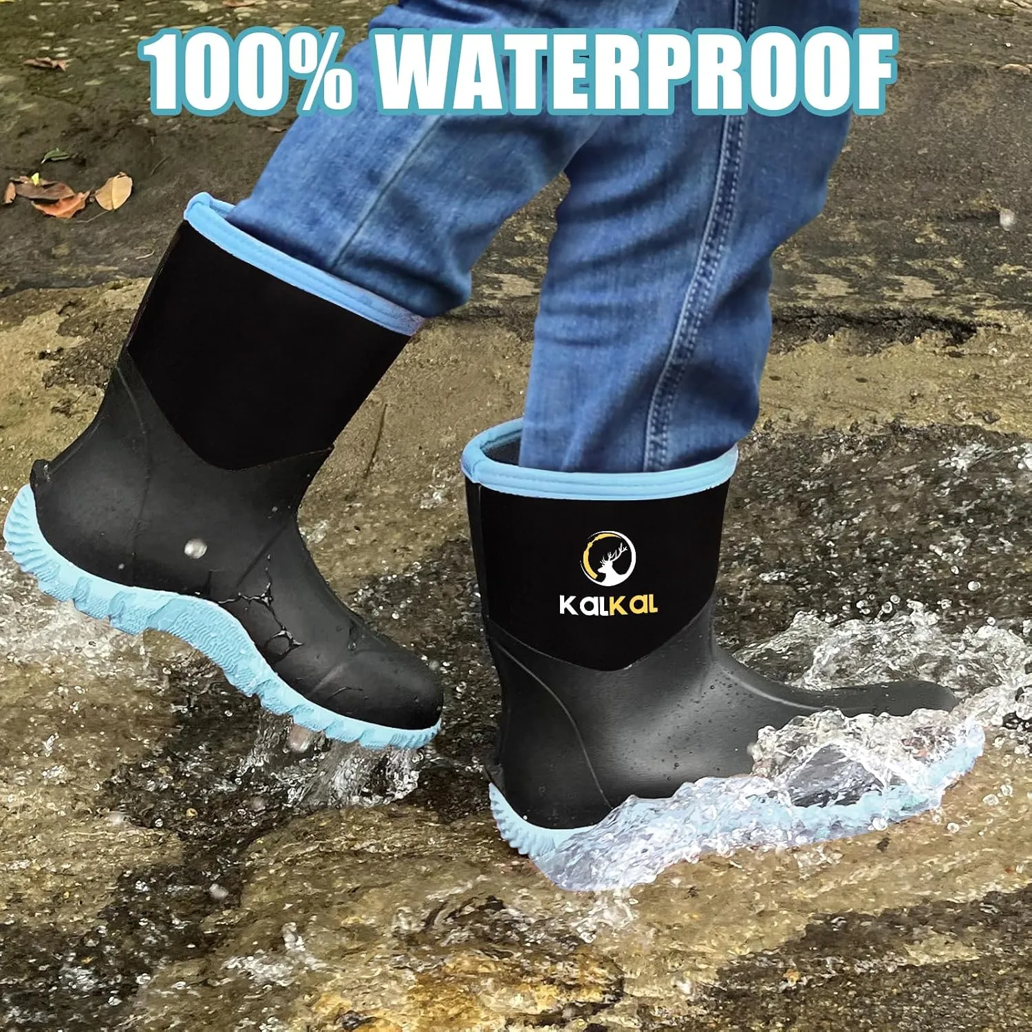 Kalkal Rubber Boots for Women, Waterproof Mid Calf Women Rain Boots with Steel Shank, 6mm Neoprene Insulated Rubber Garden Boots for Women Mud Working Farming Fishing